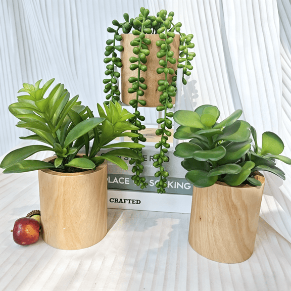 JaHe Artisan Set of 3 Fake Green Plant in Wooden pots,Artificial Succulents Greenery for Office,Home Decor