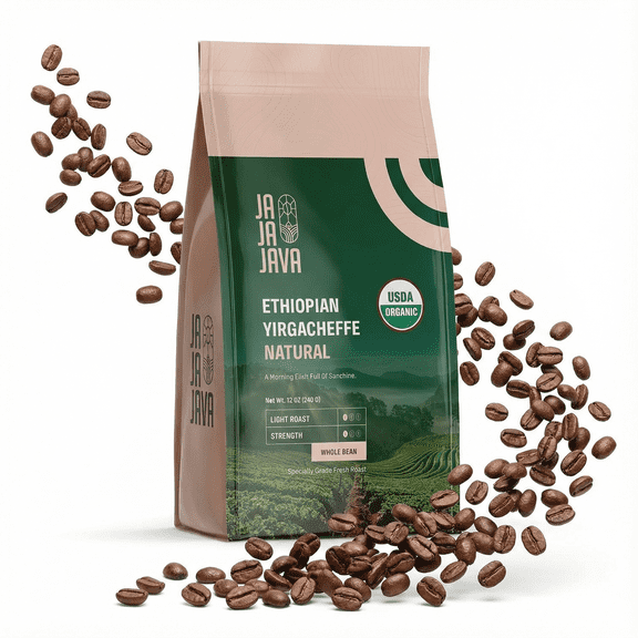 JaJa Java Ethiopian Yirgacheffe Organic Whole Bean Coffee, Light Roast, 12 oz, Specialty Grade Fresh Roast