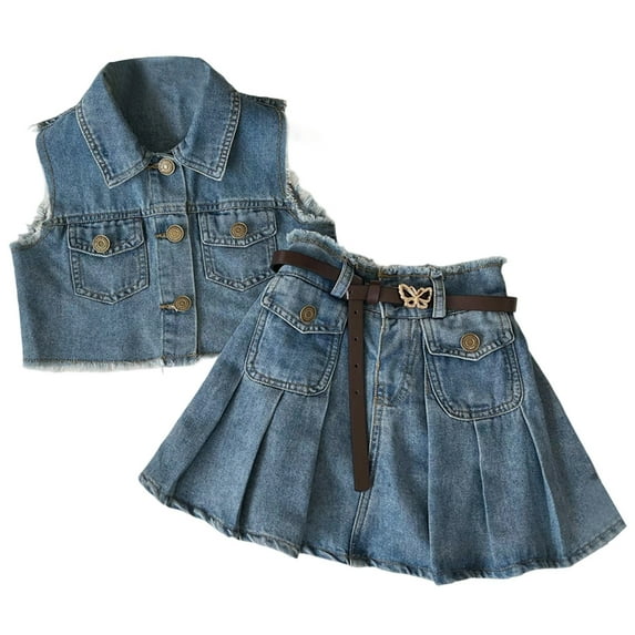 JaJaho Toddler Girls Summer Denim Sets Stylish Baby Sleeveless Fringed Cardigan And Pleated Skirt Sets For 2-8 Years Old Solid Color Breathable Dailywear