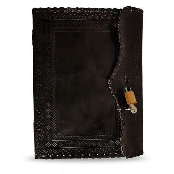 Jaald 10" Leather Journal Blank Notebook Handmade Travel Diary with Lock Writing Bullet Journal Christmas Gift Black Sketchbook for Artists