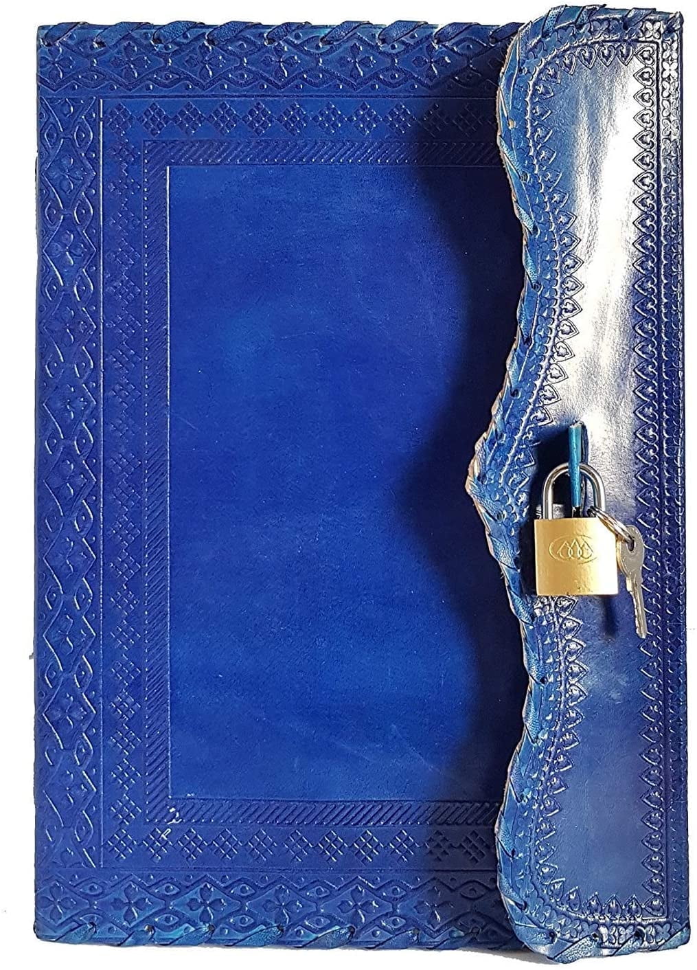 Jaald 10" Leather Journal Blank Notebook Handmade Travel Diary with Lock Writing Bullet Journal Christmas Gift Blue Sketchbook for Artists