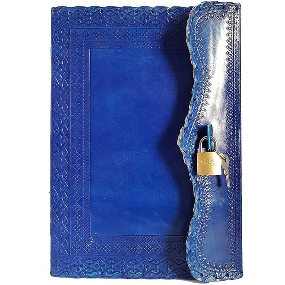 Jaald 10" Leather Journal Blank Notebook Handmade Travel Diary with Lock Writing Bullet Journal Christmas Gift Blue Sketchbook for Artists
