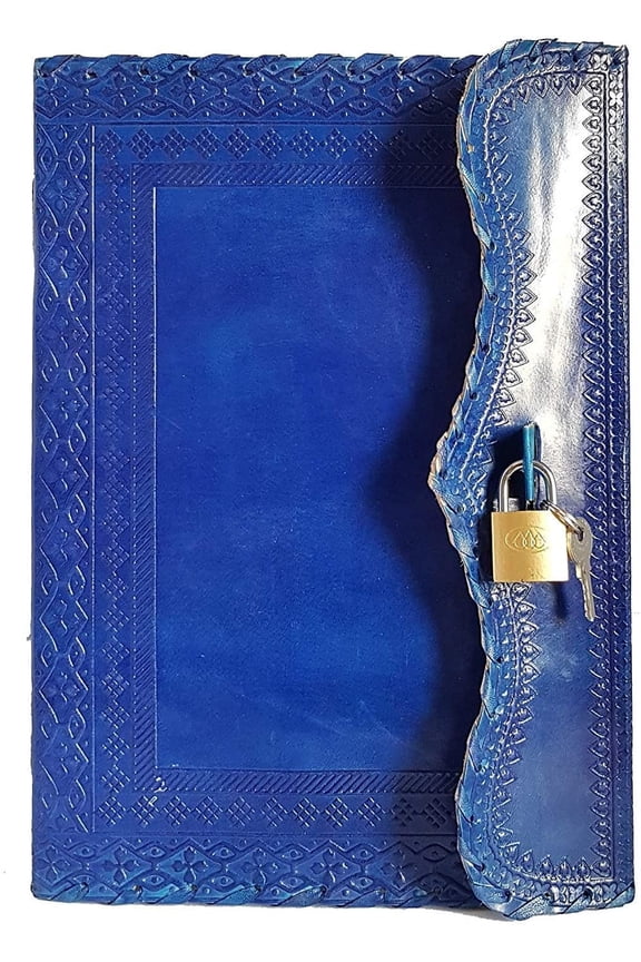 10" Leather Journal Blank Notebook Handmade Travel Diary with Lock Writing Bullet Journal Christmas Gift Blue Sketchbook for Artists