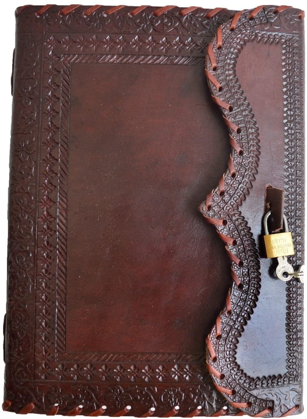 Jaald 10" Leather Journal Blank Notebook Handmade Travel Diary with Lock Writing Bullet Journal Christmas Gift Brown Sketchbook for Artists