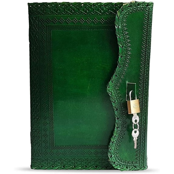 Jaald 10" Leather Journal Blank Notebook Handmade Travel Diary with Lock Writing Bullet Journal Christmas Gift Green Sketchbook for Artists