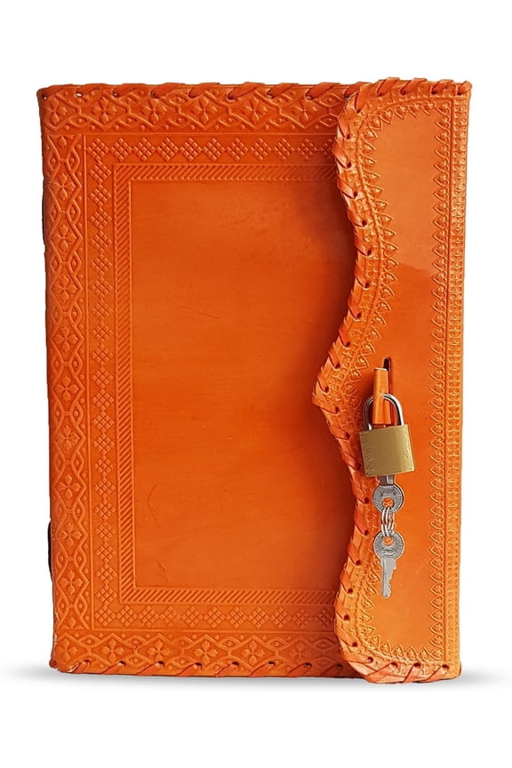 10" Leather Journal Blank Notebook Handmade Travel Diary with Lock Writing Bullet Journal Christmas Gift Orange Sketchbook for Artists