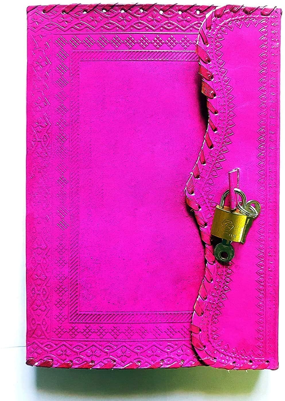 Jaald 10" Leather Journal Blank Notebook Handmade Travel Diary with Lock Writing Bullet Journal Christmas Gift Pink Sketchbook for Artists