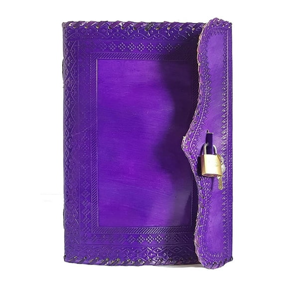 Jaald 10" Leather Journal Blank Notebook Handmade Travel Diary with Lock Writing Bullet Journal Christmas Gift Purple Sketchbook for Artists