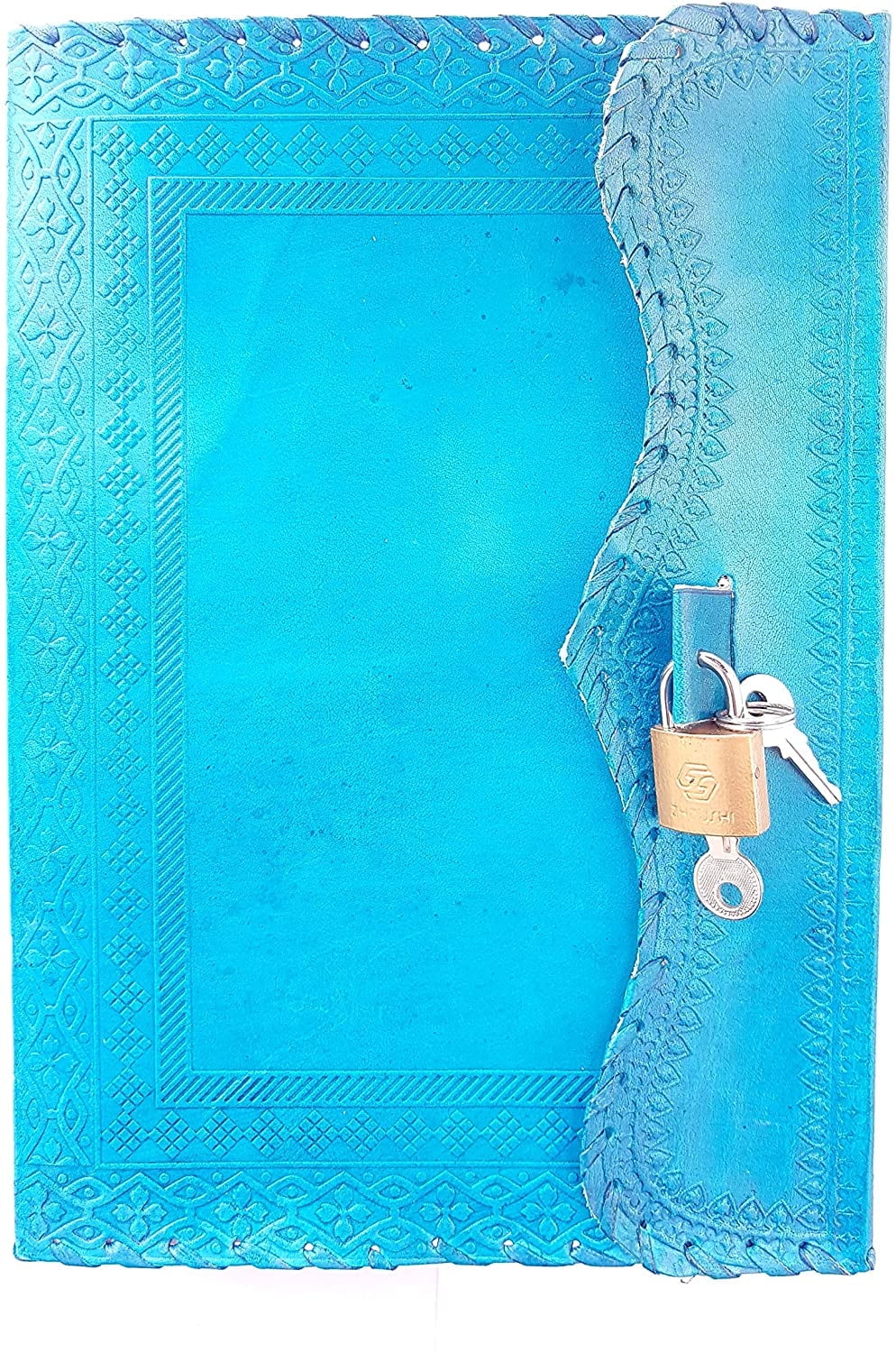 Jaald 10" Leather Journal Blank Notebook Handmade Travel Diary with Lock Writing Bullet Journal Christmas Gift Turquoise Sketchbook for Artists