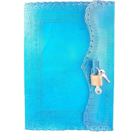 Jaald 10" Leather Journal Blank Notebook Handmade Travel Diary with Lock Writing Bullet Journal Christmas Gift Turquoise Sketchbook for Artists