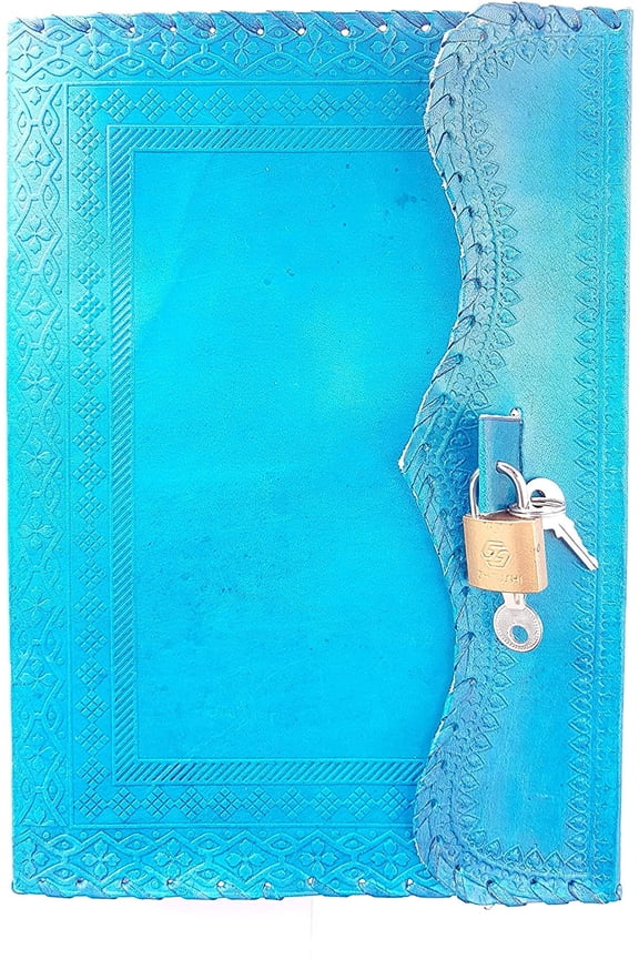 10" Leather Journal Blank Notebook Handmade Travel Diary with Lock Writing Bullet Journal Christmas Gift Turquoise Sketchbook for Artists