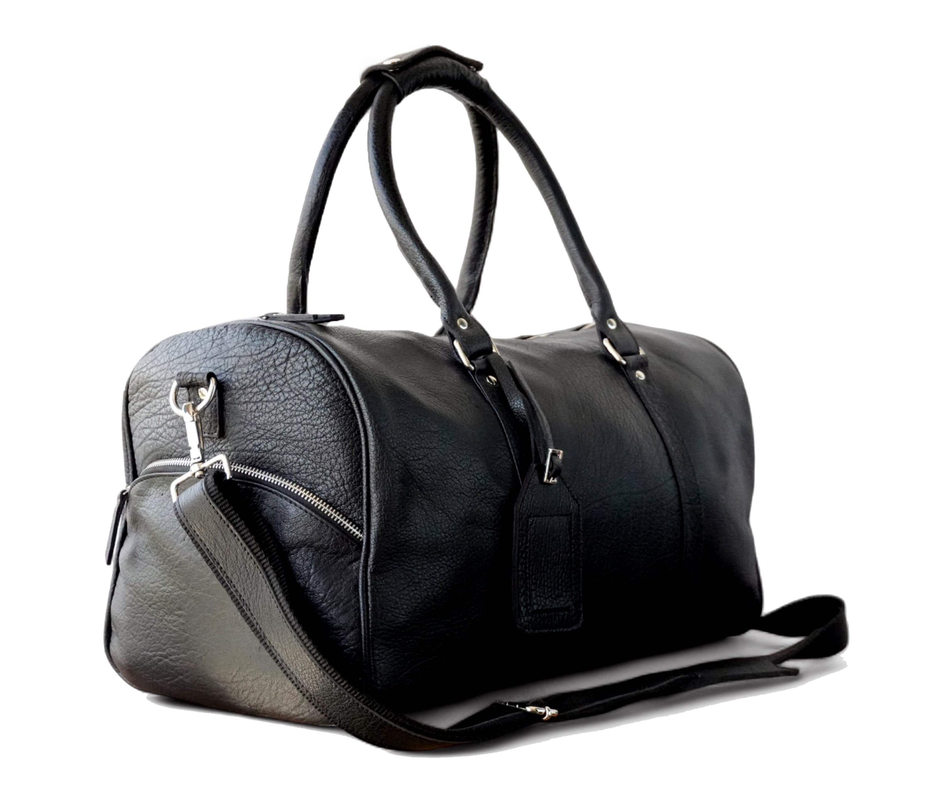 Jaald 18" Black Genuine Leather Travel Duffle Bag, Carry-On Weekender Overnight Gym Bag