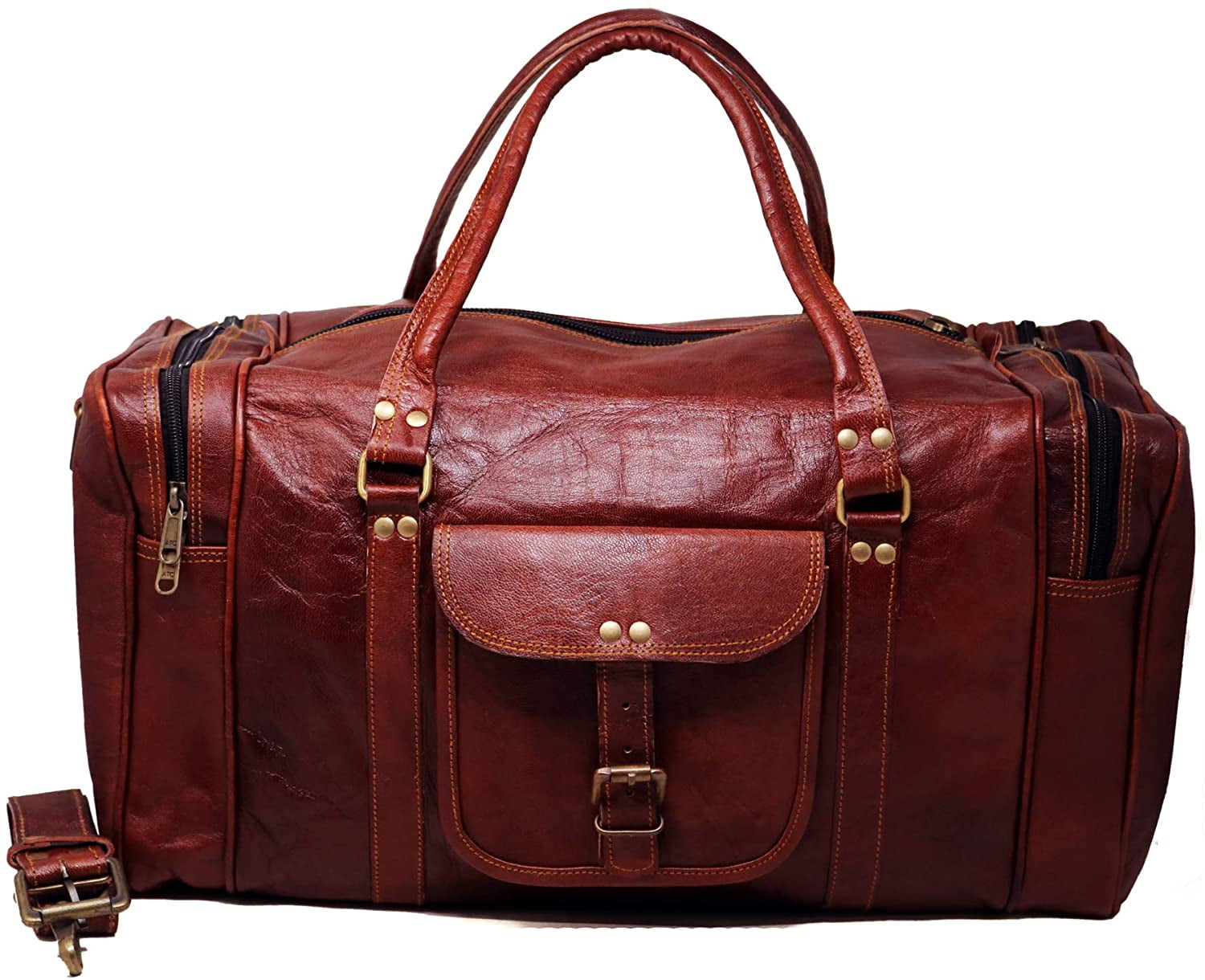 Jaald 18" Leather Duffle Bag Holdall Luggage Carry On Overnight Travel Sports Gym Weekender Bag Adventure Gear for Men Women Gift Ideas