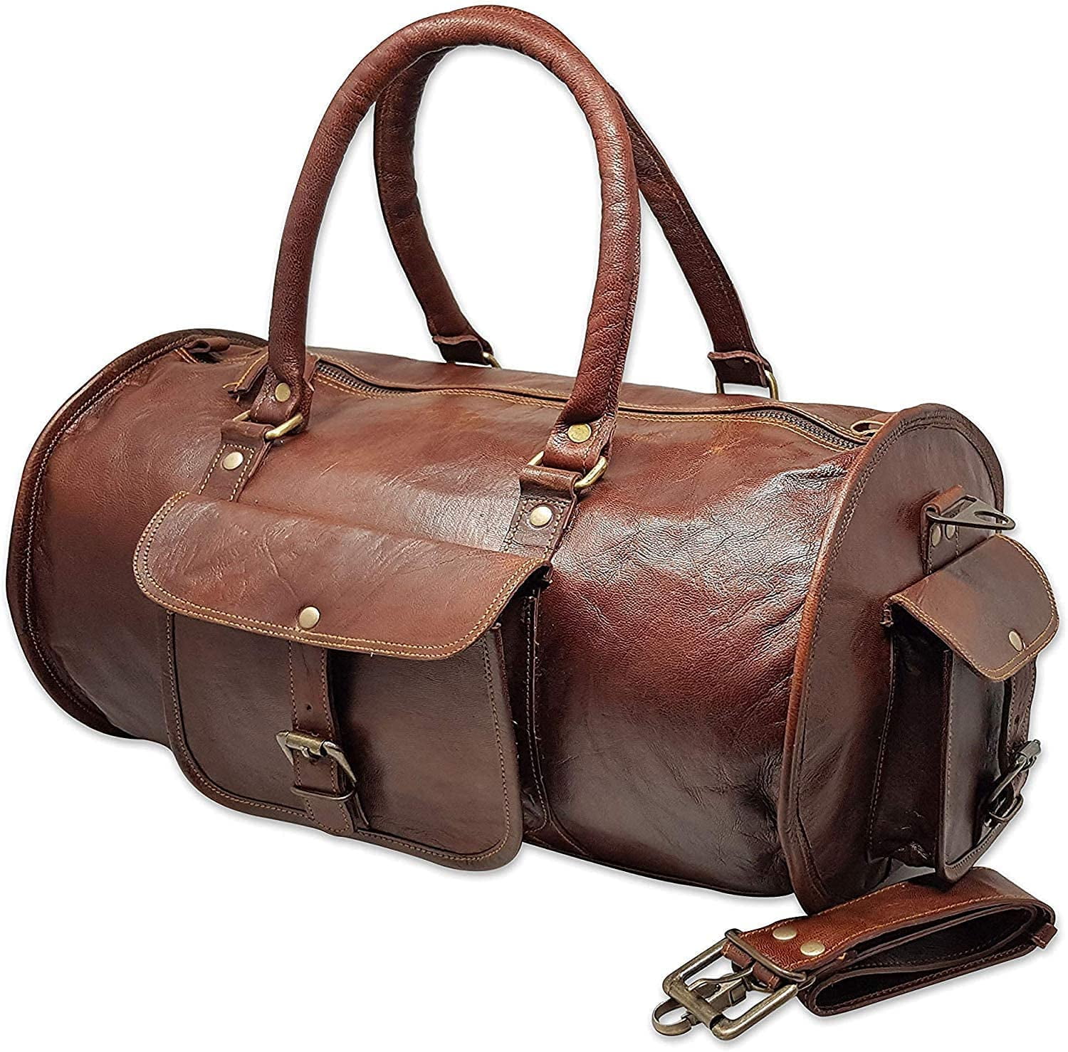 Jaald 18" Leather Duffle Bag Weekender Travel Luggage Carry On Gifts for Men Women Sports Gym Overnight Bag Adventure HIking Gear