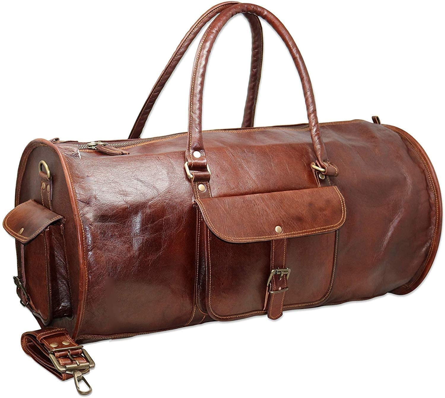 Jaald 24" Leather Duffle Bag Weekender Travel Luggage Carry On Gifts for Men Women Sports Gym Overnight Bag Adventure HIking Gear