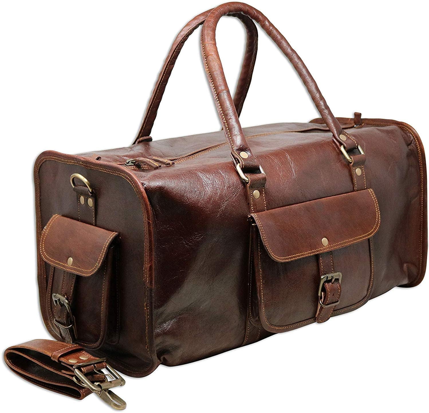 Jaald 24" Leather Duffle Bag Weekender Travel Luggage Carry On Holdall Sports Gym Overnight Bag Adventure Hiking Gear Gifts for Men Women