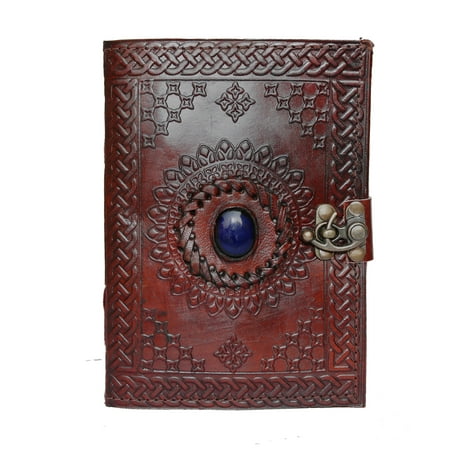 Jaald Leather Journal with Blue Stone Rustic Refillable Blank Notebook Vintage Travel Diary Scrapbook Sketchbook Gift for Men Women