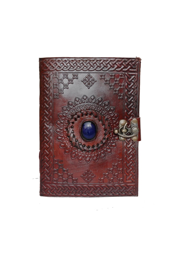 Leather Journal with Blue Stone Rustic Refillable Blank Notebook Vintage Travel Diary Scrapbook Sketchbook Gift for Men Women