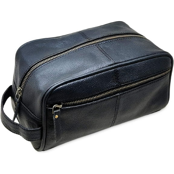 Jaald Men's Black Genuine Leather Toiletry Bag Waterproof Dopp Kit Shaving Bags and Grooming kit