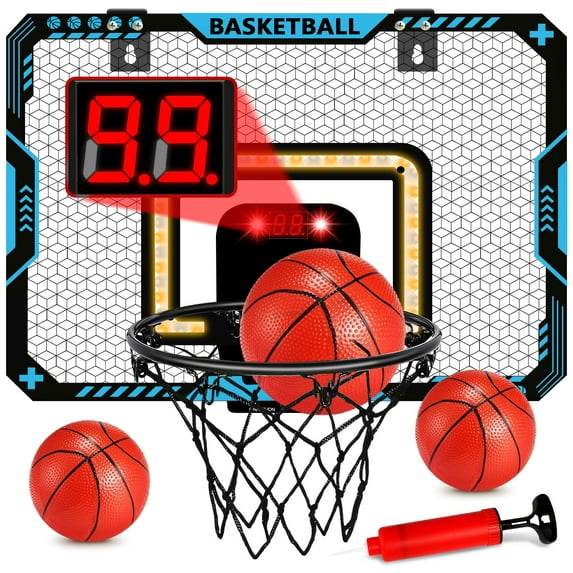 Jaawind Basketball Hoop for Kids, Indoor Over the Door Mini Basketball Hoops with LED Lighting and Sounds, Electronic Scoreboard and 3 Balls, Basketball Toys Gifts for Boys Girls-Blue