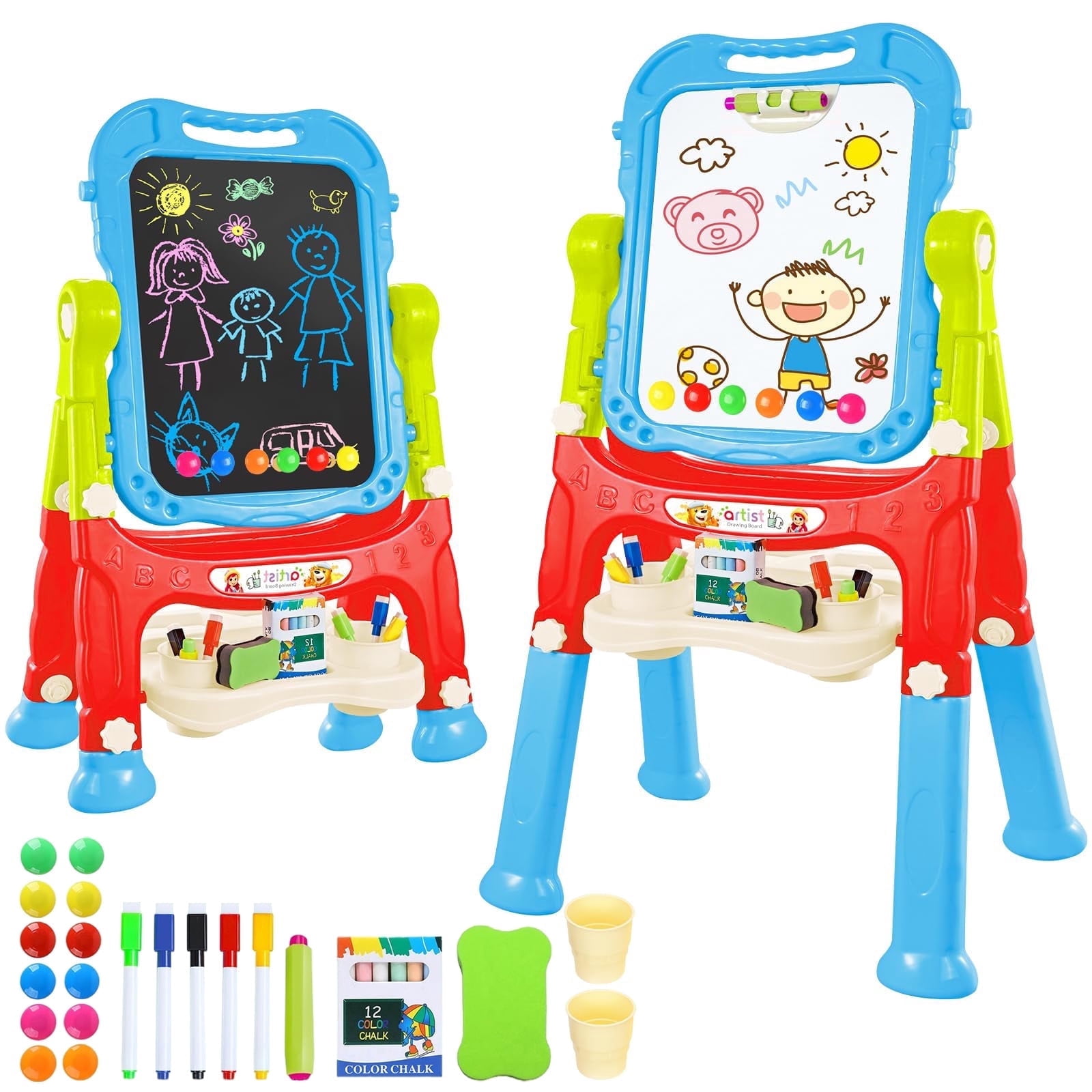 Jaawind Easel for Kids, Double Sided Adjustable Standing Toddlers Art Easel with Magnetic White Board & Chalk Blackboard, Painting Accessories, Gift for Toddlers Boys and Girls Age 3-8 Red