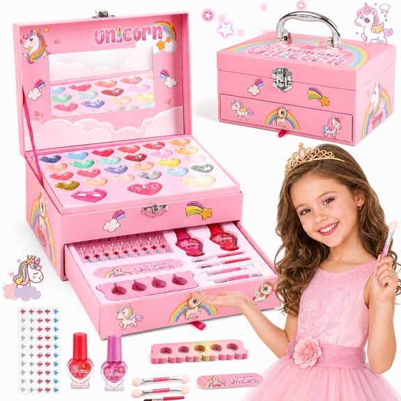 Jaawind Kids Makeup Set for Girls, 36 in 1 Unicorn Real Washable Pretend Play Makeup Kit, Little Girl Toys for Girls 3 4 5 6 7 8 9 10 Years Old Birthday Gift for Kids Toddler Girl (Pink)