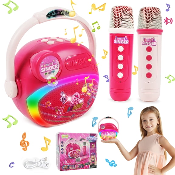 Jaawind Mini Karaoke Machine for Kids, Portable Bluetooth Speaker with 2 Wireless Mics, Microphone Speaker Set with LED Lights, Birthday Gifts Toys for Girls Boys Toddler 3 4 5 6 7 8 9 10 Years Old
