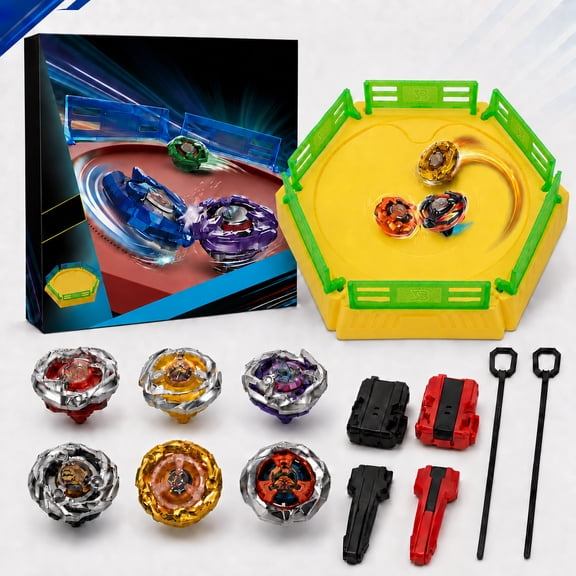 Jaawind Spinning Tops Set for Kids Ages 6-12, 6 Spinning Tops, 2 Launchers, 2 Grips and Play Arena, Interactive Spinning Game, Birthday Gifts for Boys and Girls, Yellow