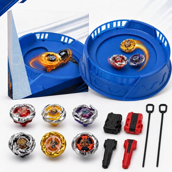 Jaawind Spinning Tops Set for Kids Ages 6-12, 6 Spinning Tops, 2 Launchers, 2 Grips and Play Arena, Interactive Spinning Game, Birthday Gifts for Boys and Girls, Blue