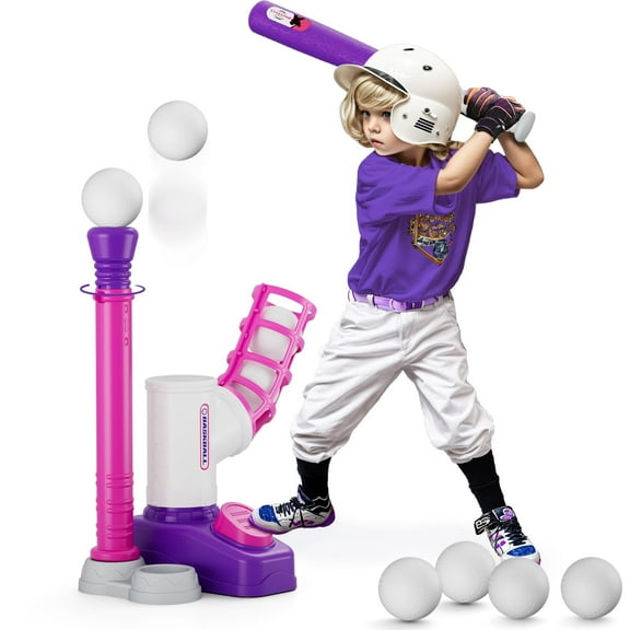 Jaawind Tball Set Baseball Toys for Boys 3-6 Years Tee Ball Set for Kids Girls Outdoor Outside Sport Toys with 6 Balls-Pink