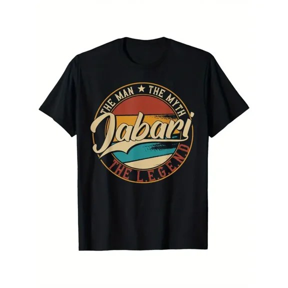 Jabari the for Man the Myth the Legend" Men'S Vintage Cotton T-Shirt - Black with Colorful Graphic Print, Regular Fit Short Sleeve, Round Neck, All-Season Casual & Running