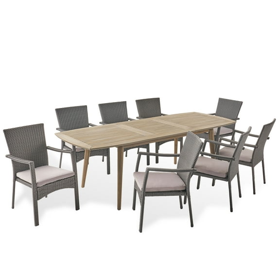 Jabari Outdoor Wood and Wicker Expandable 8 Seater Dining Set, Gray