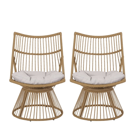 Jabe Wicker Outdoor High Back Lounge Chairs, Set of 2, Light Brown and Beige