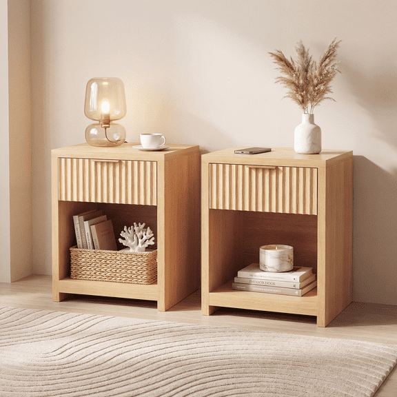 Jableast 16.7" Fluted Nightstand Set of 2, Mid-Century Bedside Table with Silent Glide Drawer & Gold Handles, End Table for Bedroom, Walnut