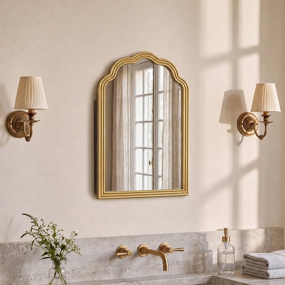 Jableast 16x24in Medicine Cabinet, Bathroom Mirror Cabinet with Storage, Wall-Mounted or Recessed, Wavy Arch Solid Pine Wood Frame with Tempered Glass Mirror for Bathroom Vanity, Gold