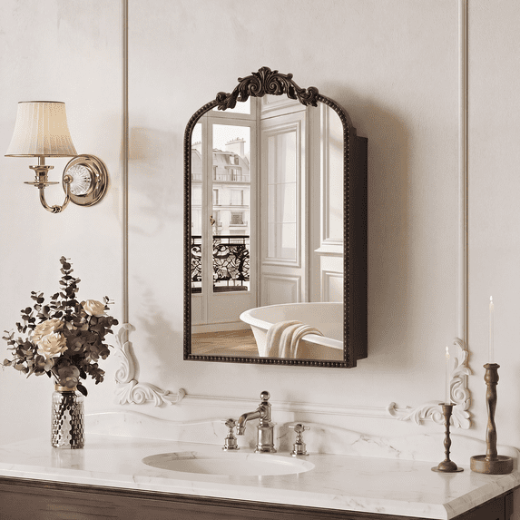 Jableast 16x24in Vintage Arched Medicine Cabinet with Mirror, Wall Mounted Bathroom Storage, Recessed/Surface Mount, Baroque Retro Design, Black Beaded Border, Easy Install Vanity Cabinet