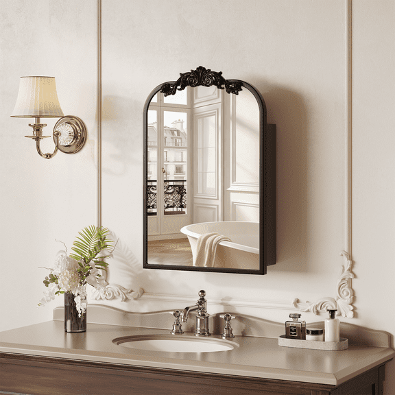 Jableast 16x24in Vintage Arched Medicine Cabinet with Mirror, Wall Mounted Bathroom Storage with Recessed/Surface Mount Options, Baroque Retro Design, Black Metal Frame,Easy Install Mirror Cabinet