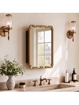 Jableast 16x24in Wooden Medicine Cabinet, Bathroom Mirror Cabinet with Storage, Wall-Mounted or Recessed Bathroom Cabinet, Vintage Carved Frame with Tempered Glass Mirror,Gold