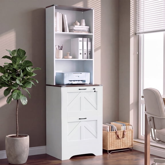 Jableast 2 Drawer File Cabinet with Lock, Wooden Filing Cabinet Fits Legal/Letter/A4 Size Files, Farmhouse Printer Stand Cabinet with Open Storage Shelves for Home Office, White