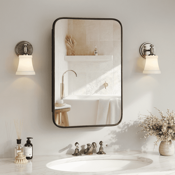 Jableast 20x30in Vintage Rectangle Medicine Cabinet with Mirror, Wall Mounted Bathroom Storage with Recessed/Surface Mount Options, Black Metal Frame with Distressed Finish, Easy Installation