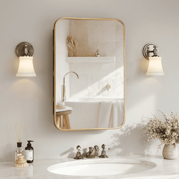 Jableast 20x30in Vintage Rectangle Medicine Cabinet with Mirror, Wall Mounted Bathroom Storage with Recessed/Surface Mount Options, Gold Metal Frame with Distressed Finish, Easy Installation