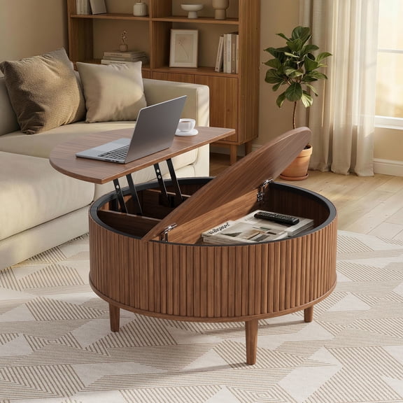 Jableast 31.5 Inch Round Lift Top Coffee Table with Storage, Modern Fluted Coffee Table Convertible Design with Hidden Compartments, Mid-Century Modern Center Table for Living Room, Walnut