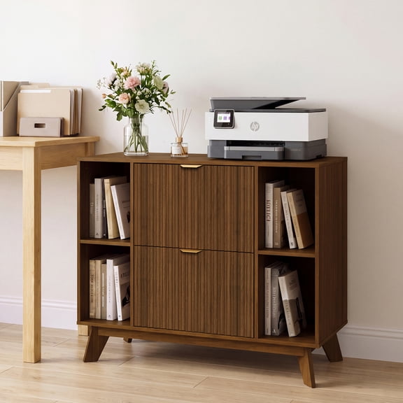 Jableast 34.6" Fluted File Cabinet with 2 Drawers, Wood Lateral Filing Cabinet with Open Shelves, Walnut