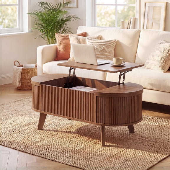 Jableast 39.4 Inch Oval Lift Top Coffee Table with Storage, Farmhouse & Mid Century Modern Style Fluted Coffee Table with 3 Hidden Compartments, Convertible Center Table for Living Room, Walnut