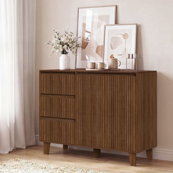 Jableast 40" Fluted Sideboard Buffet Cabinet, Credenza Storage Cabinet with Adjustable Shelves, Accent Cabinet with Drawers, Handle-less Design, Media Console for Living Room, Dining Room, Walnut