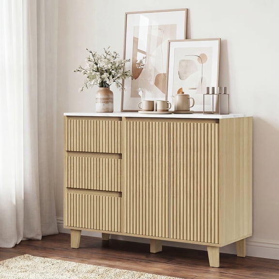 Jableast 40"Fluted Sideboard Buffet Cabinet, Credenza Storage Cabinet with Adjustable Shelves, Accent Cabinet with Drawers, Handle-less Design, Media Console for Living Room, Dining Room, Natural Oak