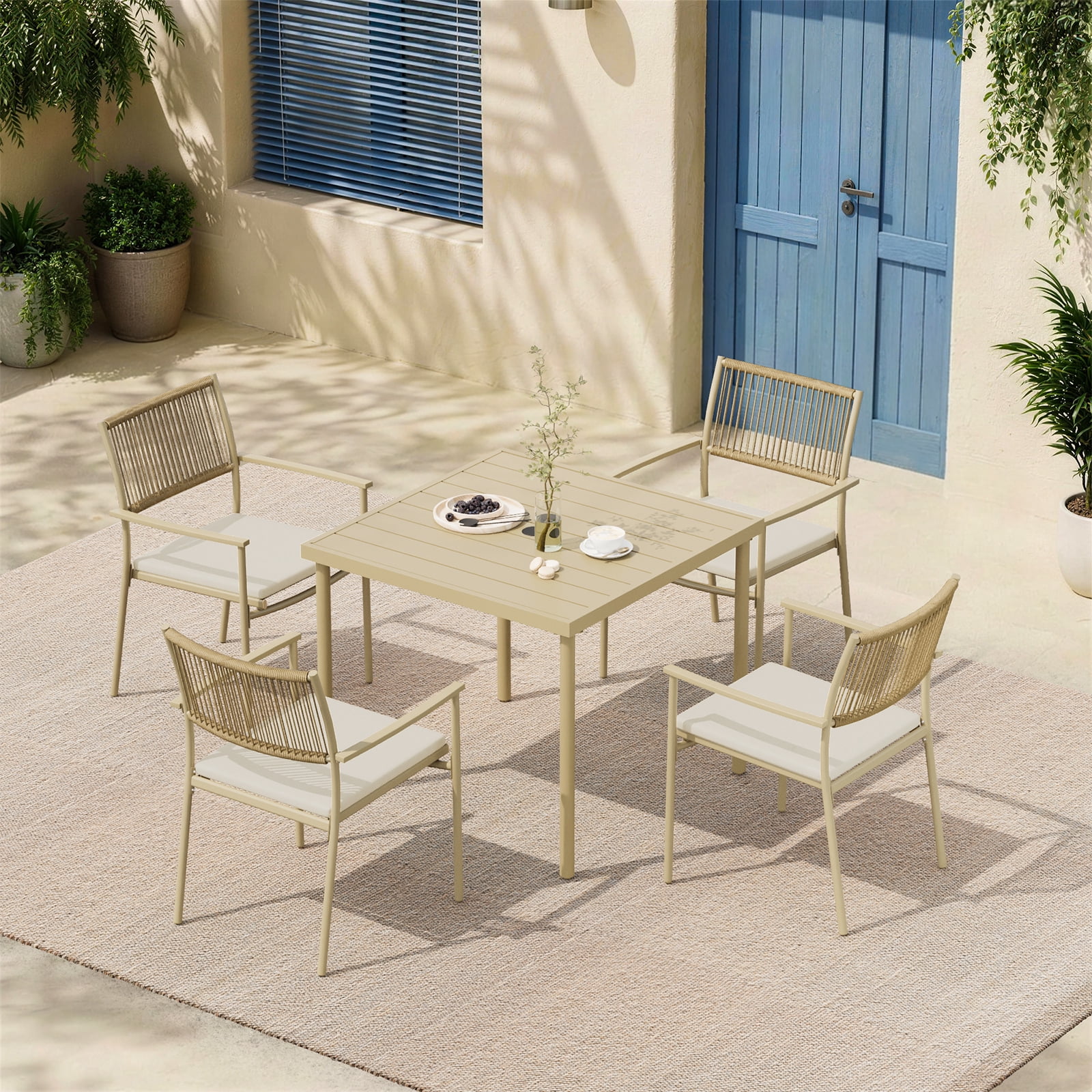 Jableast 5-Piece Outdoor Patio Dining Set, HDPE Rope Back Dining Chairs ...