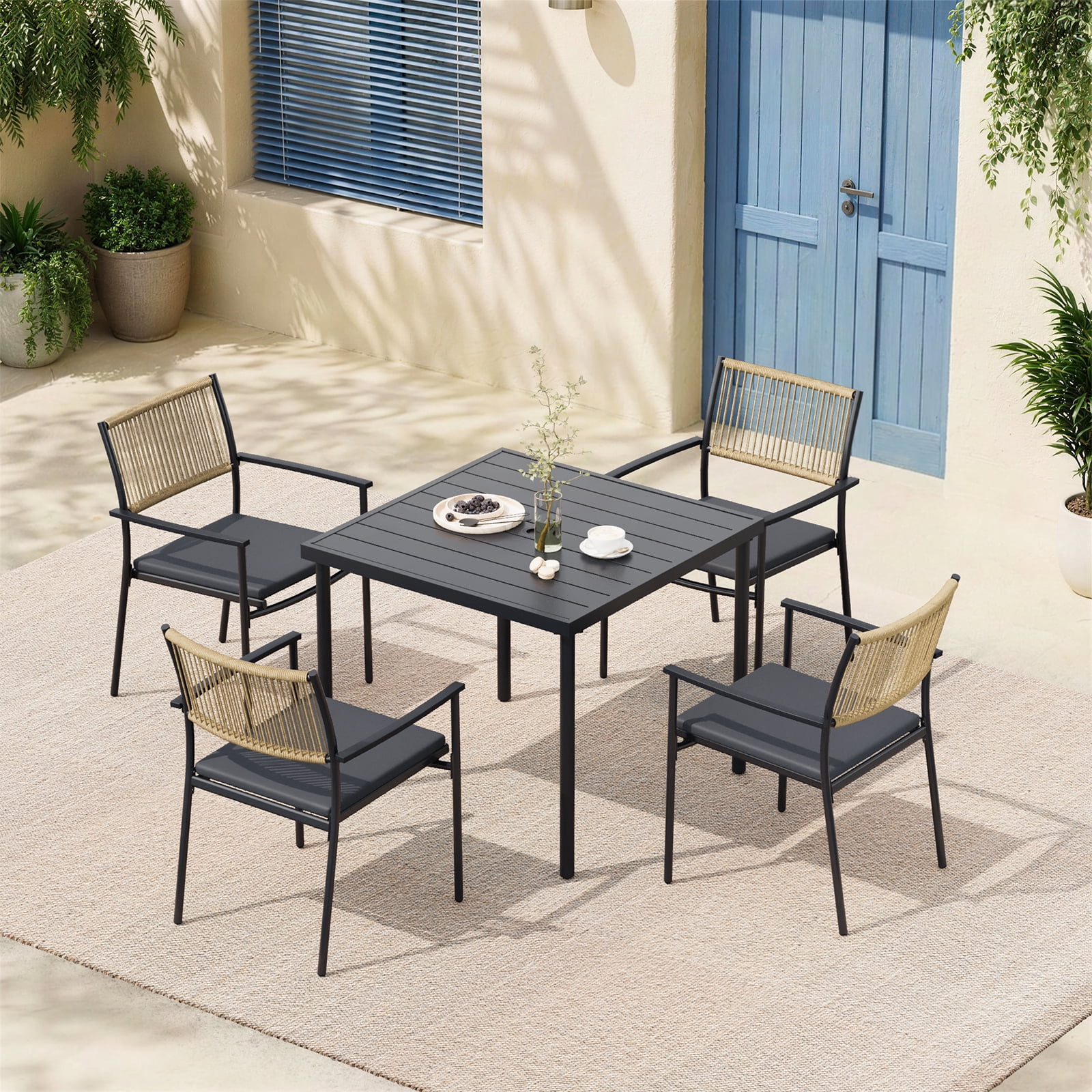 Jableast 5-Piece Outdoor Patio Dining Set, HDPE Rope Back Dining Chairs ...
