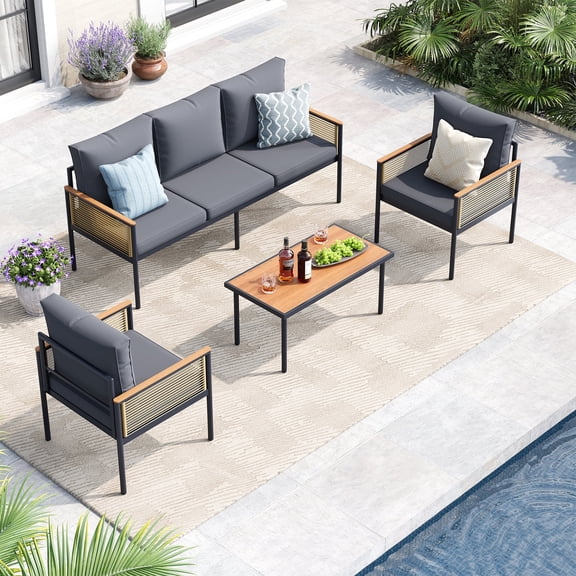 Jableast 5-Piece Outdoor Patio Furniture Set, Metal Frame Conversation Set with HDPE Rope Armrests & Thick Cushions, All-Weather Patio Sofa Set with Coffee Table for Backyard, Garden, Indigo Ink