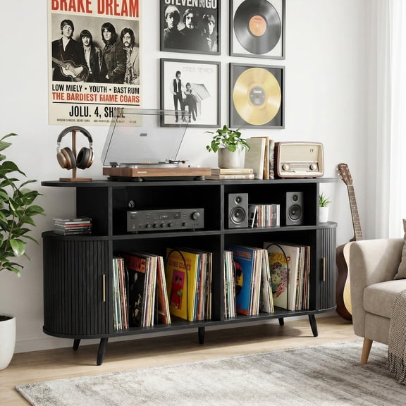 Jableast 55 in Fluted Record Player Stand with Storage, Mid Century Modern Audio Turntable Stand with Power Outlet, Vinyl Record Cabinet with Curved Sliding Door, for Living Room, Home Office, Black
